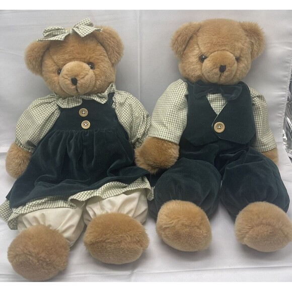 VTG Pacifix Int’l Couple 19” Teddy Bear in Green Velvet Outfit Stuffed Animal - Picture 1 of 16